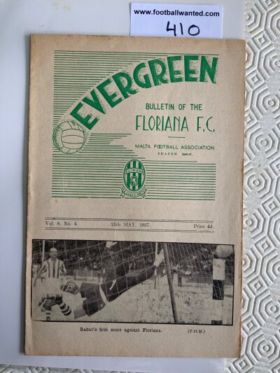 56/57 Floriana v Queens Park Football Programme: Excellent condition end of season friendly played in Malta. No team changes.