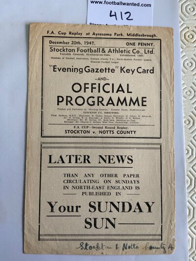 47/48 Stockton v Notts County FA Cup Football Programme: Second round replay played at Middlesbrough. 4 pager has score to cover and light wear to edge.