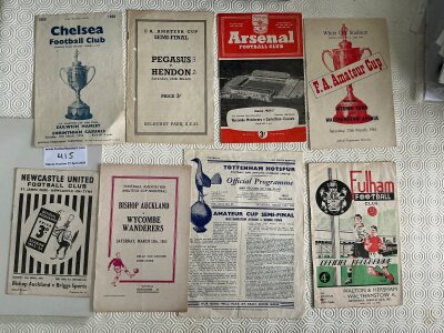 Amateur Cup Semi Final Football Programmes: Some great ties and venues from 1951 to 1961 including 1954 Bishop Auckland v Briggs Sports at Newcastle, Walthamstow v Crook Town at Tottenham, 1955 Bishop Auckland v Wycombe at Doncaster, 1956 Dulwich v Corinthians at Chelsea and more. Mainly good. (8)