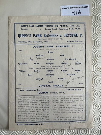 42/43 QPR v Crystal Palace Football Programme: Single sheet league match dated 19 12 1942 with team changes in pencil. Good with small tear to border.