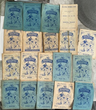 1950s Millwall Home Football Programmes: 18 from 1952 to 1956 to include 1952 Practice match, 52/53 Brighton, 55/56 Short Benefit. Additionally 66/67 Crystal Palace LCC. Please note whist half are good they are mixed conditions. (19)