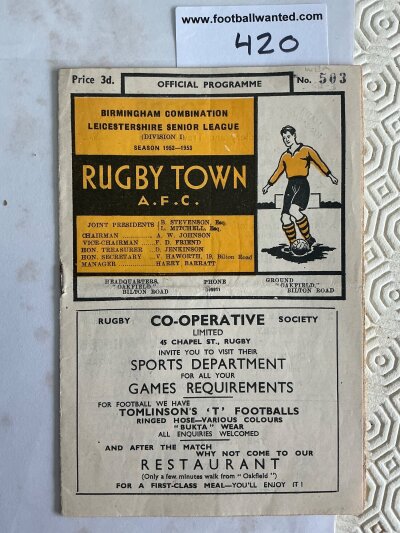 52/53 Rugby Town v West Brom A Football Programme: Excellent condition Birmingham Combination match with no team changes. Please read the following carefully. C/W 1922 - 1923 West Brom v Stalybridge Celtic FA Cup programme which has split spine and the covers from a programme the season before. (2)