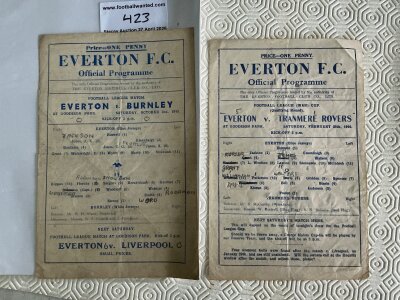 43/44 Everton Home Football Programmes: War Cup v Tranmere and league match v Burnley. Good with pencilled team changes and scores. (2)