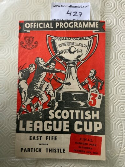 1953 Signed Scottish League Cup Final Football Programme: East Fife v Partick Thistle in excellent condition. Signed by the complete winning East Fife team to team page in pencil.
