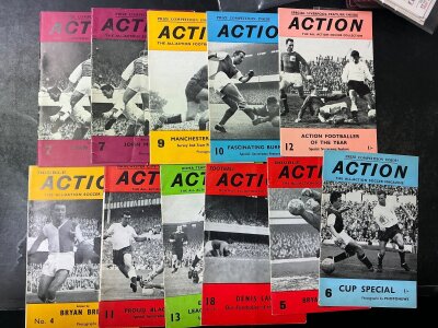 1960s Action Football Magazines: 10 from one set including a signed Brian Clough picture plus a further 10 from a set of 12. Good with a couple signed. (20)