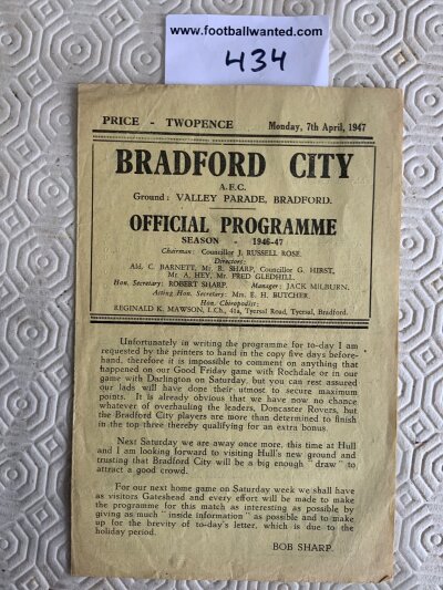 46/47 Bradford City v Rochdale Football Programme: Good condition 4 page league match with no team changes.