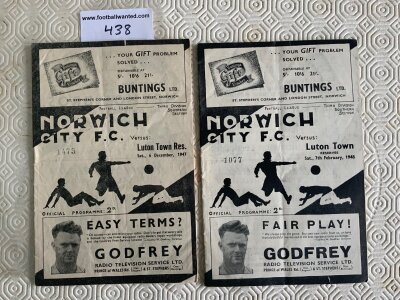 47/48 Norwich City Reserves v Luton Town Football Programmes: Good condition Combination league and cup matches with pencilled team changes. (2)