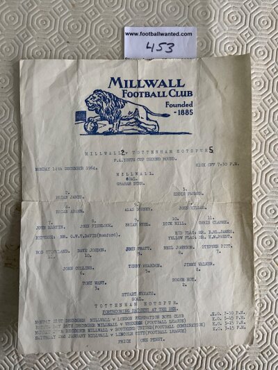 64/65 Millwall v Tottenham Youth Cup Football Programme: Fair condition Youth Cup single sheet with no team changes. Score written and tear on fold.