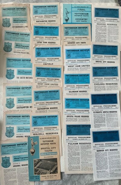 Tottenham Home Reserve Football Programmes: From 1963 to 1975 with a few youth matches including 74/75 Chelsea SE Counties SF. Excellent. (42)