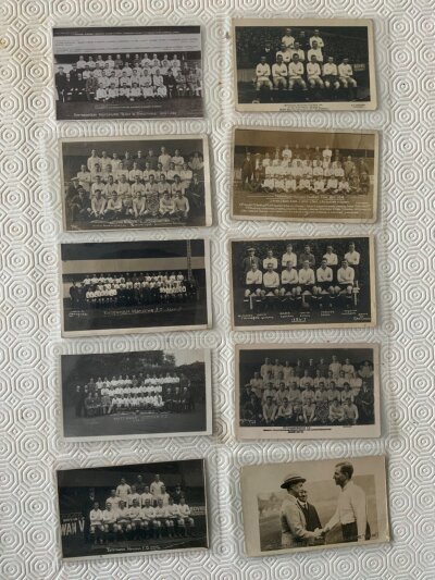 Tottenham Pre War Team Group Football Postcards: Includes seasons 1913/14, 1919/20, FA Cup team 1921, 1923/24, 1926/27 plus a couple that have been trimmed and Grimsdell meeting the prince. Mainly good. (10)