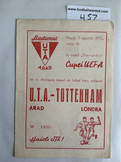 71/72 Arad Textiles v Tottenham v Football Programme: Red version of the UEFA Cup match dated 7 3 1972 in excellent condition with no writing.