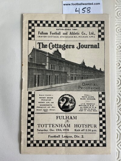 36/37 Fulham v Tottenham Football Programme: League Division 2 match dated 19 12 1936 in very good condition with no team changes. Attendance and score written inside.