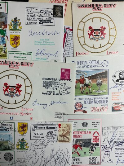 Signed FDC + Football Autographs: First day covers signed by Yeovil team at ground opening in 1990, Terry Medwin Swansea, Sirrel Notts County, Cliff Jones Swansea, Lofthouse Bolton, Many Werder Bremen, magazine pictures, cards and more.