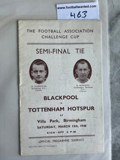 1948 FA Cup Semi Final Football Programme: Blackpool v Tottenham played at Aston Villa in very good condition with team changes.