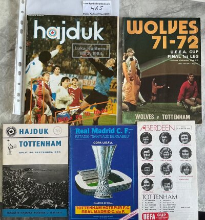 Tottenham Away European Football Programmes: Hadjuk Split 1967, 1984, Real Madrid 1985, Wolves 1972 final, Aberdeen 1973. Good. (5)