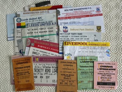 Tottenham Football Tickets+ Photos: 18 Spurs away tickets from the 90s plus aways at Liverpool in 76/77 84/85 86/87 + 90/91. C/W 8 press photos from the early to mid 90s.