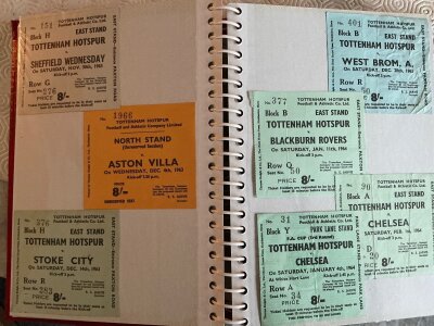 Tottenham Football Ticket Collection: 3 display folders keeping tickets in excellent condition in date order. Starting in the double season of 60/61 there is Arsenal away plus FA Cup semi final, 62/63 Manchester United Rangers Ipswich West Ham Everton Burnley Blackpool Sheffield United, 64/65 Torquay home and away, Around 140 from the 60s the majority being home tickets. There are European homes to include finals of 72 and 74. In all from 1960 to 2007 there are 367 tickets.