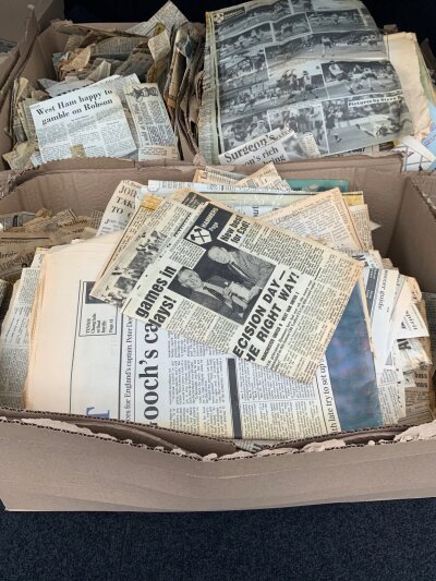 West Ham 1980s Football Press Reports: Boxes of match reports mainly relating to West Ham matches in the 80s. Many thousands with no reserve. Other teams spotted. (3 boxes)