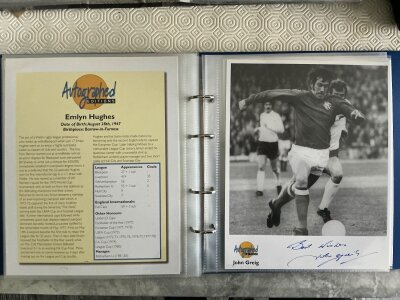 Autographed Editions Signed Sports + Football Cards: Lovely collection in original blue folder. Footballers include England World Cup winners Bobby Charlton Geoff Hurst George Cohen Roger Hunt plus George Best and Derek Dougan. Sportsmen include Lester Piggott Bob Champions Henry Cooper Bill Beaumont Fred Trueman and many more. If you are not familiar with these they are quality card 10 x 8 inch photos signed to lower border. Excellent. (40)