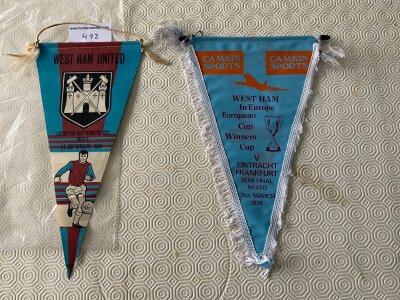 West Ham Football Pennants: Lovely old pennant with old badge stating FA Cup Winners 1964 and ECWC  Winners 64/65. C/W a 1976 ECWC semi final pennant for match in Frankfurt given to away supporters travelling with Camkin Sports. (2)
