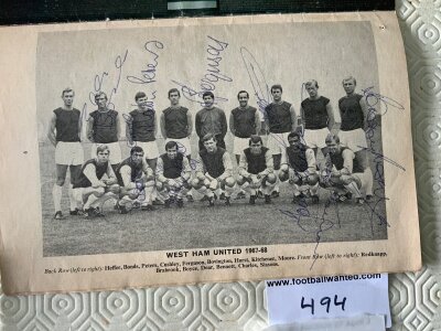 West Ham 67/68 Signed Football Team Group: Away programme at Liverpool with 9 autographs to team group. Includes Moore Peters Charles Bonds Brabrook Boyce Hurst Ferguson and Sissons.