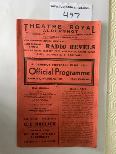 44/45 Aldershot v West Ham Football Programme: League match dated 3 10 1944 in fair condition with no team changes. A few holes due to wear.