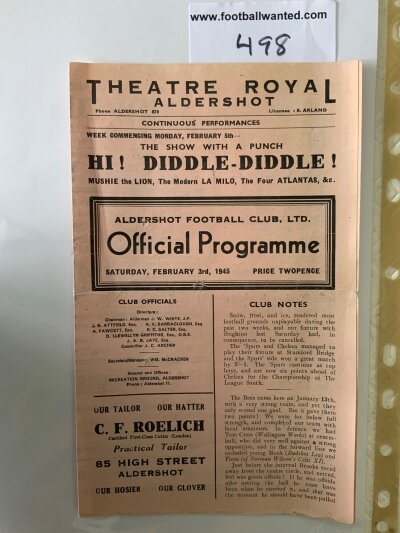44/45 Aldershot v West Ham Cup Football Programme: Cup match dated 5 2 1945 in fair condition with no team changes. A few holes due to wear.
