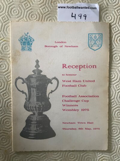 1975 West Ham Signed FA Cup Football Menu: Players reception at Newham Town Hall with 10 autographs to rear. Includes Lyall A Taylor Day Bonds Brooking Ferguson Lampard and McGiven.