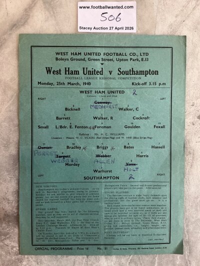 39/40 West Ham v Southampton Football Programme: League match dated 25 3 1940 with team changes and light fold.
