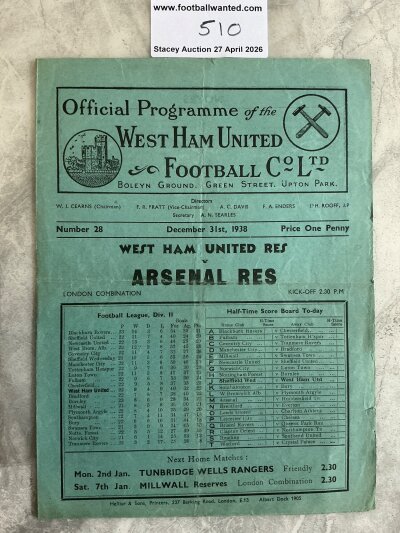 38/39 West Ham Reserves v Arsenal Football Programme: London Combination match dated 31 12 1938  with no team changes. Light fold.