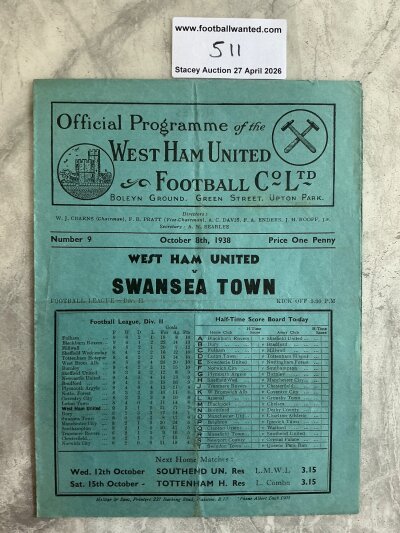 38/39 West Ham v Swansea Football Programme: League match dated 8 10 1938 with no team changes. Light fold.