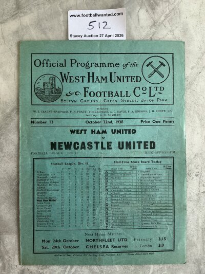 38/39 West Ham v Newcastle United Football Programme: League match dated 22 10 1938 with team no changes. Light fold.