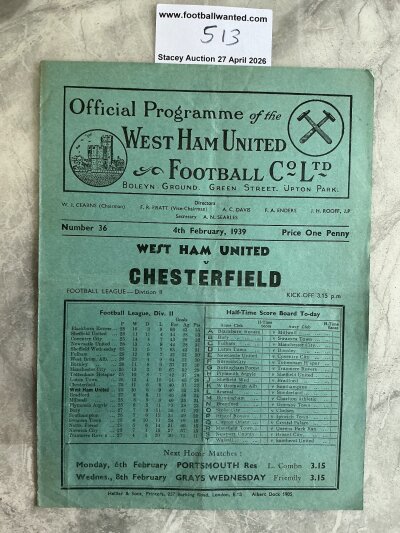 38/39 West Ham v Chesterfield Football Programme: League match dated 4 2 1939 with no team changes. Excellent.