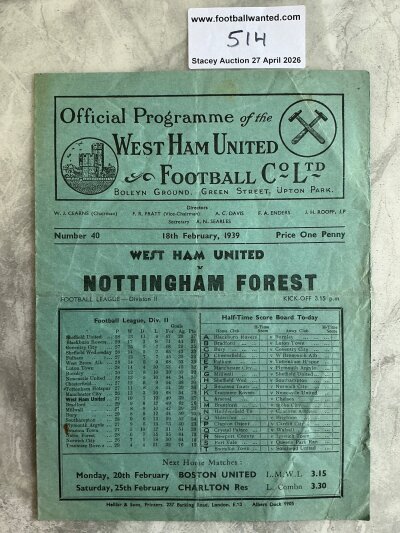 38/39 West Ham v Nottingham Forest Football Programme: League match dated 18 2 1939 with no team changes. Folding.