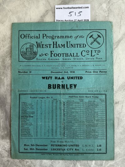 38/39 West Ham v Burnley Football Programme: League match dated 3 12 1938 with no team changes. Folding.