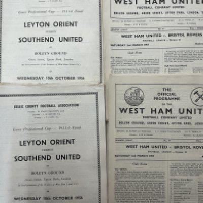 56/57 West Ham Football Programmes: 20 of the home match v Bristol Rovers and 20 of the Essex Professional Cup Finals Leyton Orient v Southend at Upton Park. Very good. (40)
