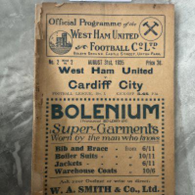 1925 - 1926 West Ham v Cardiff City Football Programme: A few months away from being 100 years old. The spine is completely split with minor paper loss. Writing to team page. Nice advert inside for Charlie Paynters sports shop.