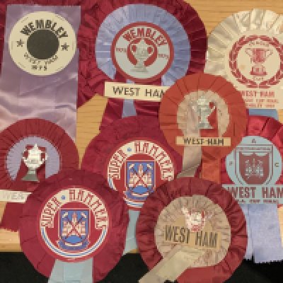 West Ham Football Rosettes: Nine  rosettes to include the 1975 FA cup final and the 1981 League Cup final. (9)