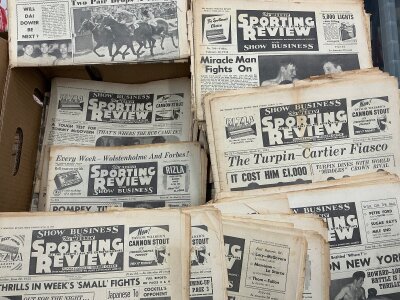 1950s Weekly Sporting Review Sports Newspapers: Covers football boxing and other sports plus a bit of show business. (est 60+)