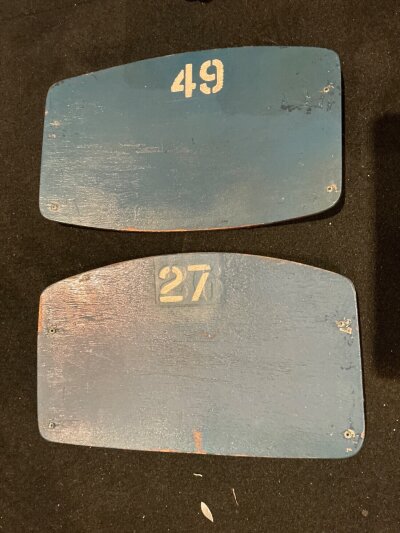 Old Wembley Stadium Seat Backs: Blue wooden backs numbered 27 and 49 removed from the old Wembley over 25 years ago when demolished. (2)