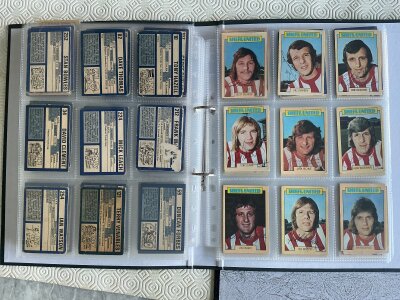 Signed 1973 A + BC Football Cards: Superb collection in folder of Blue Backs with autographs personally obtained by vendor. 241 cards of which just over 200 are signed.