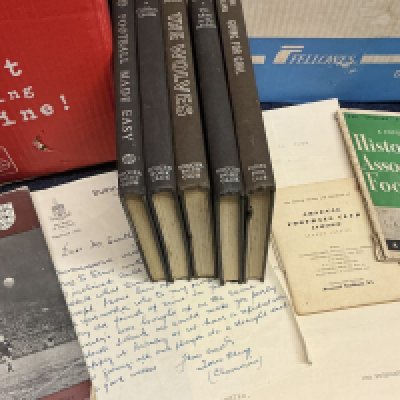 Mixed Football Memorabilia boxes: 3 large boxes with a host of collectable items from 1940s onwards. Includes a large pack of letters on club letterheads to a journalist, booklets, Tiger league ladders, boxed Wembley board game, trade cards, scrapbooks, lanyards, pennants, team sheets books plus much more (3 boxes)