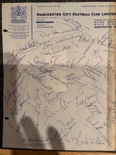Manchester City Football Squad Signed Headed Paper: Hand signed 1963/64 squad in biro (not printed) on official headed paper. Signatures include Trautmann, Young,Oakes and manager Poyser. Over 30 autographs