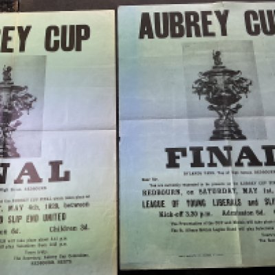 1920s Hertfordshire Football Posters: Aubrey Cup finals through the 1920s to include Harpenden Town, Slip End United, Young Liberals, Batford Old Boys and Hatfield Road Old Boys. (4 posters)