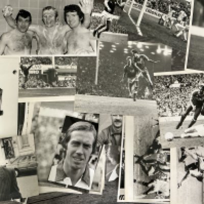 70s + 80s Football Press Photos: Various teams and sizes of individual players and match action. All black and white press photos with majority having press stamps and some annotations. (330)