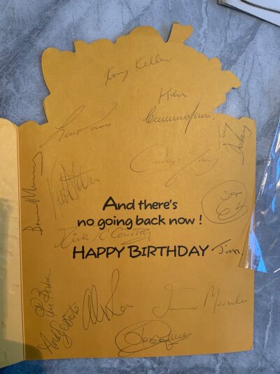 Millwall Football Autographs + Scrapbook: Large album relating to the last days at the Den in 1993 with programmes and 24 privately taken photos. C/W a birthday card hand signed by 14 players from the same era. C/W 3 programmes from 68/69 including Leicester on their way to the FA Cup final with ticket.