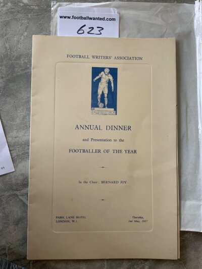 1957 Footballers Of The Year Preston Menu: Football Writers annual dinner at the Park Lane Hotel in which Tom Finney was the winner for the second time. All previous winners listed to rear. Good.