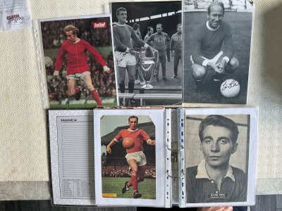 Manchester United Signed Football Magazine Pictures: Mainly large from the 60s and 70s to include Foulkes Charlton Stepney Hill Law Crerand and McQueen. (est 120)