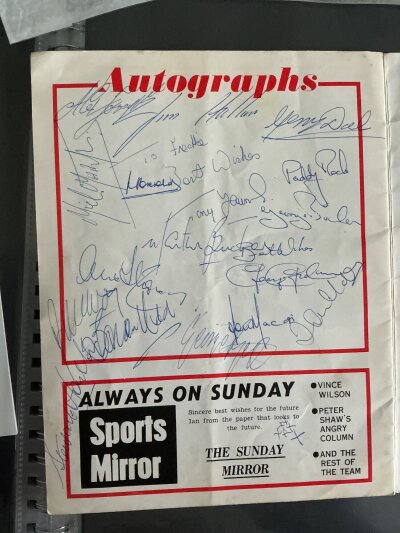 Manchester United Signed Football Menus: Mainly testimonial dinners to include 2 different Denis Irwin signed by him and Alex Ferguson, Jackie Blanchflower signed by himself, Mark Hughes ticket signed by himself and multi signed menu, Farewell to Ian Moore multi signed to include Best Roche Macari, Houston Buchan Crerand Martin and more, Willie Morgan signed by himself, Buchan signed by himself Wilkins McQueen Robson Sexton Macari Houston, Stepney signed by himself, Matt Busby signed by a few including Best. There are also unsigned menus in this folder.