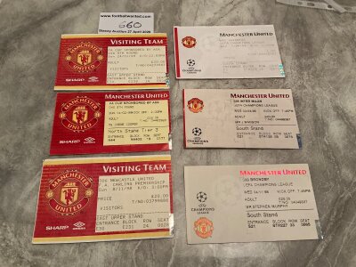 Manchester United Treble Season Home Football Tickets: 98/99 tickets for Champions League matches v Juventus Inter Milan Brondby, 4th and 5th round of the FA Cup plus Newcastle in the league. Good. (6)
